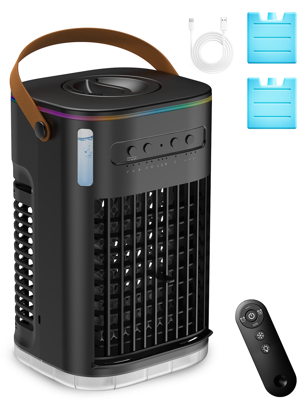 3-IN-1 Portable Air Conditioners, Personal Air Cooler w/2Ice Packs & 1.2L Water Tank, 1-7h Timer & Remote, Powered by USB, Mini Air Conditioner for Car Desktop,Black No Battery